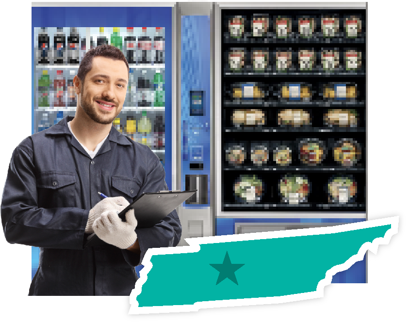 Vending machine technician standing in front of two vending machines