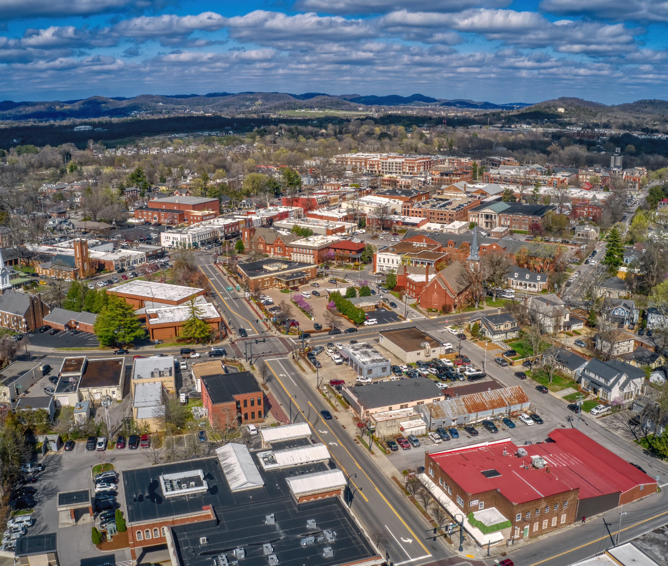 Aerial view of Franklin businesses