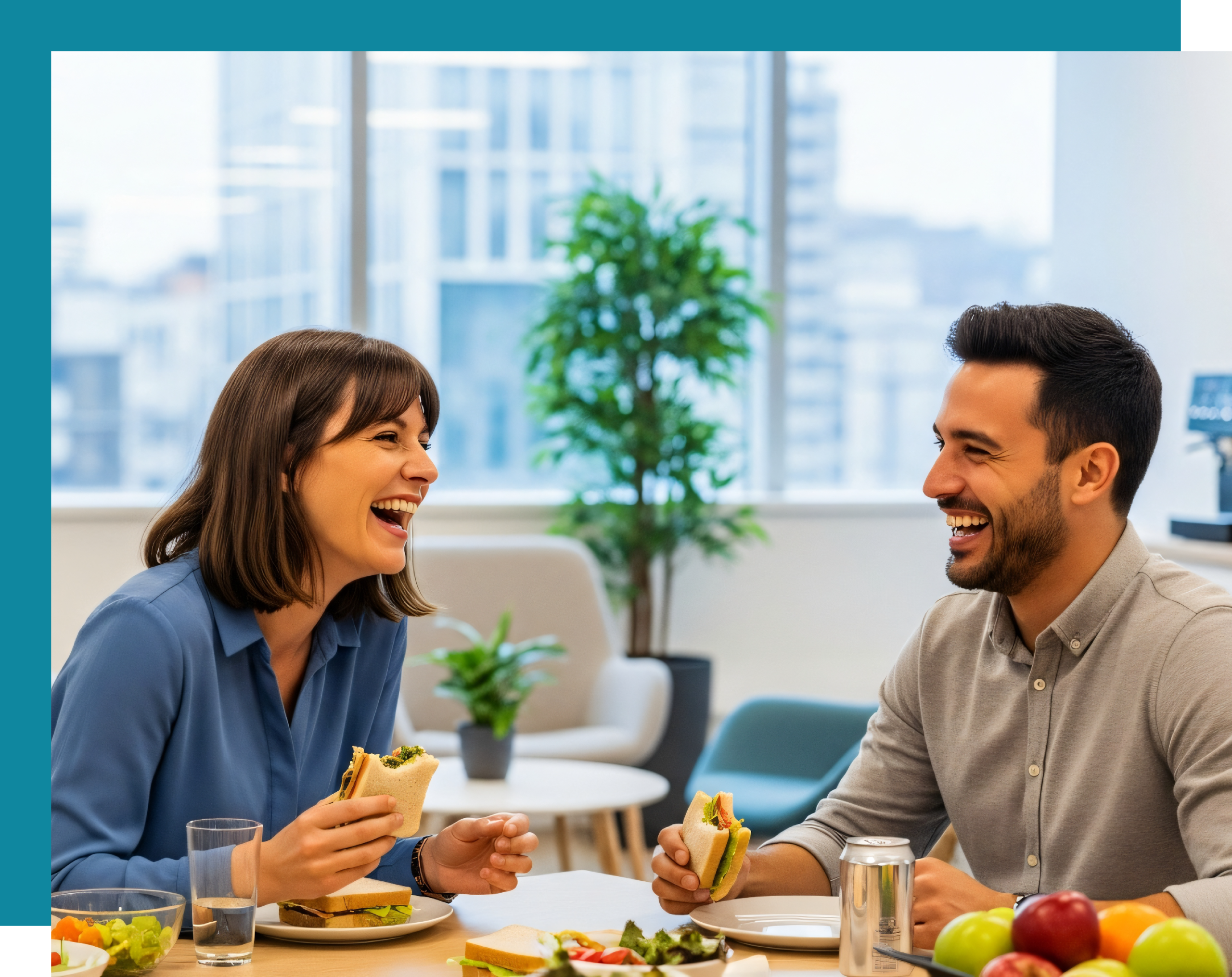 Two people laughing and eating sandwiches